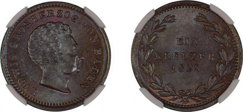 Germany, German States 1828 D, 1 Kreuzer, Baden. Graded MS 64 Brown by NGC. - No...