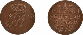 Germany, Prussia, 1792 A, 1 Pfennig, choice UNC with traces of red
KM-353a
