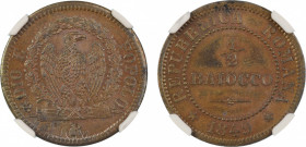 Italy, Italian States 1849R, 1/2 Baiocco, Roman Republic. Graded MS 63 Brown by NGC. - only three coins graded higher.KM 21