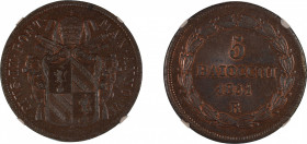 Italy, Papal States 1851R VI, 5Bai. Graded MS 64 Brown by NGC - the highest graded.KM 1356