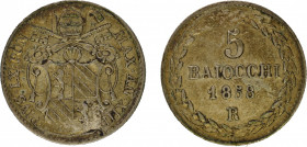Papal States,Pius IX Ag 5 Baiocchi. KM 1341b. 1858R XIII. Almost extremely Fine with old toning.