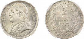 Italy, Papal States 1867R XXII, 2 Lire. Graded MS 64 by NGC. KM 1379.2