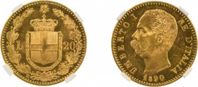 Italy 1890 R (Au) 20 Lire, graded MS 64* by NGC
KM-21
0.1867 oz net