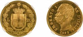 Italy 1882 R (Au) 20 Lire, graded MS 65* by NGC
KM-21
0.1867 oz net