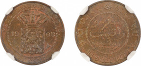 Netherlands, Netherlands East Indies 1908, 1/2 Cents. Graded MS 64 Brown by NGC - Only one coin graded higher.KM306
