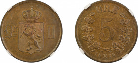 Norway 1876, 5 Ore. Graded MS 64 Brown by NGC. KM349