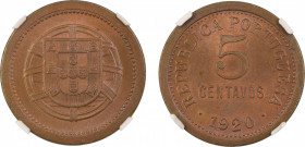 Portugal 1920, 5 centavos, Rare date . Graded MS 65 Red Brown by NGC. - Only one coin graded higher.KM569