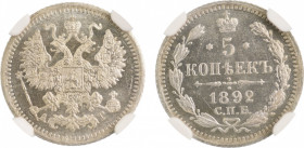 Russia 1892CNB AT, 5 Kopecks. Graded MS 66 by NGC. Y 19a.1