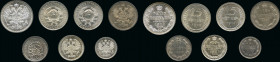 Russia, 7 coin lot, 
5 kopeks, 1892 
10 kopeks, 1911, 1923
15 kopeks, 1891, 1928, 1929
20 kopeks, 1914
All in UNC condition
