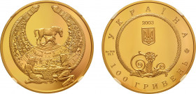 2003 (Au) 100 Hryven
 (KM 199) mintage 1,500 coins
 (0.8999 oz net) Gem Proof