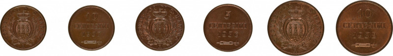 San Marino, lot of 3 Coins. 1937R CU 10 Centesimi BU grade, 1938R 10 Centesimi B...