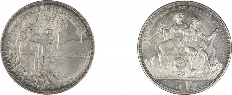 Switzerland, Shooting Thalers 1883, 5 Francs. Lugano Festival. 
in EF-AU condit...