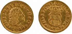 Spain, 1744 PJ (Au) 1/2 Escudo, Seville, in EF-AU condition
KM-361.2
0.0498 oz net