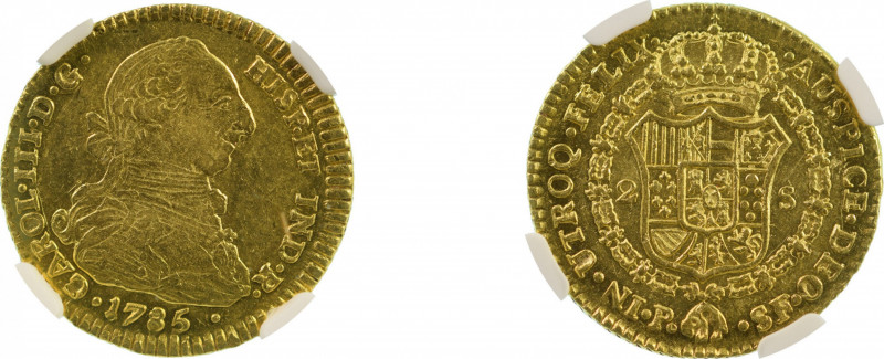 Colombia 1785P SF (Au), 2 Escudos, Charles III, graded AU 58 by NGC
KM-49.2a 
...