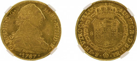 Spanish Colonial, Bolivia 1787 PTS PR (Au), 8 Escudos, Charles IV, graded AU 58 by NGC
KM-81 
0.7614 oz net
