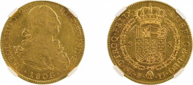 Bolivia 1806 PTS PJ (Au), 8 Escudos, Charles IV, 
Graded AU 53 by NGC
KM-81
0.7614 oz net