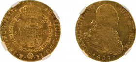 Spanish Colonial, Bolivia 1808 PTS (Au), 8 Escudos, Charles IV, graded AU 58 by NGC
KM-81 
0.7614 oz net