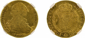 Chile 1798 SO DA (Au), 8 Escudos, Charles IV, graded AU 58 by NGC
KM-81 
0.7614 oz net