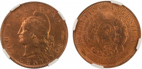 Argentina 1893, 2 Centavos. Graded MS 65 Red Brown by NGC - the highest graded.KM-33