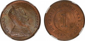 British Honduras Cu 1 Cent, Edward VII, 
NGC Graded MS 65 Brown,
Traces of original mint lustre, obverse displaying nice toning, good eye appeal. 
...