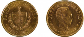 Cuba 1916 (Au), 10 Peso, graded MS 62 by PCGS
Km-20, Fried-3
