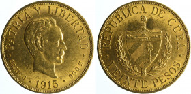 Cuba 1915 Gold 20 Pesos, Jose Marti bust,
VF+/EF grade, the only collectible date of this 2 year series.
33.43gr,