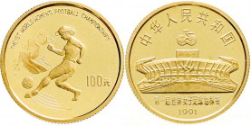 CHINA und Südostasien
China
Volksrepublik, seit 1949
100 Yuan GOLD 1991. Frauenfußball-WM. 8 g 917/1000. In Holzschatulle mit MDM-Zertifikat.
Poli...