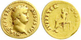 Römische Goldmünzen
Kaiserzeit
Nero, 54-68
Aureus 54/68. Belorb. Kopf n.r./IVPPITER CVSTOS. Jupiter thront l. 6,92 g. Stempelstellung 5 h.
schön/s...