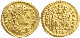 Römische Goldmünzen
Kaiserzeit
Valentinian I., 364-375
Solidus 374/375, Trier. Drap., diad. Brb. r./VICTORIA AVGG, Valentinianus und Valens thronen...