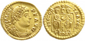 Römische Goldmünzen
Kaiserzeit
Valens, 364-378
Solidus 373/375, Trier. Drap., diad. Brb. r./VICTORIA AVGG, Valentinianus und Valens thronen v. v. u...