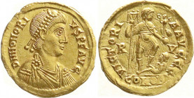 Römische Goldmünzen
Kaiserzeit
Honorius, 393-423
Solidus 402/406, Ravenna. 4,46 g. Stempelstellung 12 h.
vorzüglich, Revers etwas rauher Schrötlin...