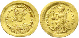 Römische Goldmünzen
Kaiserzeit
Theodosius II., 408-450
Solidus 441/450, Constantinopel. Büste v.v. mit geschultertem Schwert/ MP XXXXII COS XVII PP...