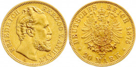 Reichsgoldmünzen
Anhalt
Friedrich I., 1871-1904
20 Mark 1875 A. gutes vorzüglich, min. Randfehler. Jaeger 179. 