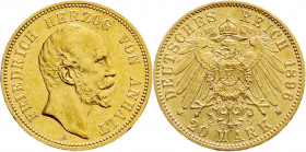 Reichsgoldmünzen
Anhalt
Friedrich I., 1871-1904
20 Mark 1896 A. gutes vorzüglich. Jaeger 181. 