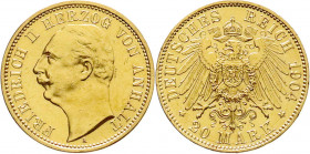 Reichsgoldmünzen
Anhalt
Friedrich II., 1904-1918
20 Mark 1904 A. vorzüglich/Stempelglanz, kl. Kratzer. Jaeger 182. 