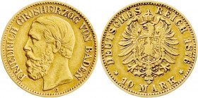 Reichsgoldmünzen
Baden
Friedrich I., 1856-1907
10 Mark 1876 G. sehr schön, kl. Randfehler. Jaeger 186. 