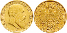 Reichsgoldmünzen
Baden
Friedrich I., 1856-1907
10 Mark 1907 G. vorzüglich. Jaeger 190. 