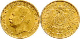 Reichsgoldmünzen
Baden
Friedrich II., 1907-1918
20 Mark 1911 G. vorzüglich/Stempelglanz, kl. Randfehler. Jaeger 192. 