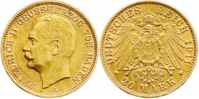Reichsgoldmünzen
Baden
Friedrich II., 1907-1918
20 Mark 1911 G. gutes vorzüglich. Jaeger 192. 