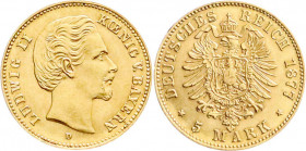 Reichsgoldmünzen
Bayern
Ludwig II., 1864-1886
5 Mark 1877 D. prägefrisch, selten in dieser Erhaltung. Jaeger 195. 