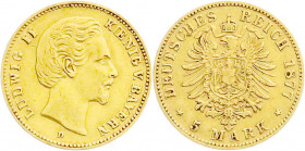 Reichsgoldmünzen
Bayern
Ludwig II., 1864-1886
5 Mark 1877 D. gutes sehr schön. Jaeger 195. 