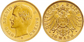 Reichsgoldmünzen
Bayern
Otto, 1886-1913
10 Mark 1911 D. fast Stempelglanz. Jaeger 201. 