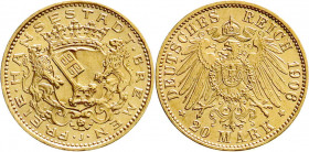 Reichsgoldmünzen
Bremen
20 Mark 1906 J. fast Stempelglanz, Prachtexemplar. Jaeger 205. 