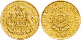 Reichsgoldmünzen
Hamburg
5 Mark 1877 J. vorzüglich, Rand etwas überarbeitet (Henkelspur ?) Jaeger 208. 