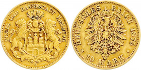 Reichsgoldmünzen
Hamburg
10 Mark 1875 J. sehr schön, kl. Randfehler. Jaeger 209. 