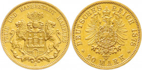 Reichsgoldmünzen
Hamburg
20 Mark 1878 J. vorzüglich/Stempelglanz. Jaeger 210. 