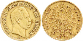 Reichsgoldmünzen
Hessen
Ludwig III., 1848-1877
10 Mark 1873 H. sehr schön. Jaeger 213. 