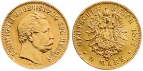 Reichsgoldmünzen
Hessen
Ludwig III., 1848-1877
5 Mark 1877 H. leichte Fassungsspuren, min. wellig, kl. Kratzer in X-Form, sonst sehr schön. Jaeger ...
