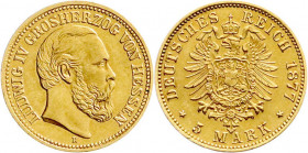 Reichsgoldmünzen
Hessen
Ludwig IV., 1877-1892
5 Mark 1877 H. vorzüglich/Stempelglanz, selten in dieser Erhaltung. Jaeger 218. 