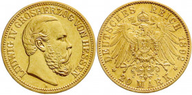Reichsgoldmünzen
Hessen
Ludwig IV., 1877-1892
20 Mark 1892 A. gutes vorzüglich, selten. Jaeger 221. 